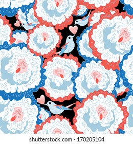 seamless floral pattern with love birds on a dark background 