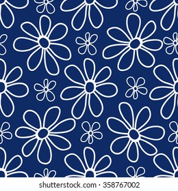 Seamless floral pattern. Lovely daisies on a blue background, graphic, hand drawn, vector. For the design and decoration background, wallpaper, packaging, fabrics, textiles.