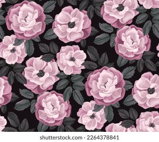 Patrón floral sin foco con rosales salvajes exuberantes, gran follaje oscuro. Vector.