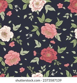 Seamless Floral Pattern. Luxurious Garden Flowers Peonies. Bright Blooming Flowers and Leaves on Black Background. Vector Illustration. Vintage. Template For Paper, Wallpaper, Textiles.