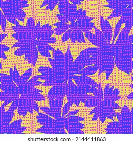 Seamless floral pattern made of large silhouettes of blooming flower buds overlaid on dotted checkered texture. Simple meadow flowers. Abstract geometric background for surface print.