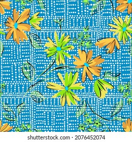 Seamless floral pattern made of scattered blooming flowers overlay on dotted checkered texture. Sketchy daisies in cartoon flat style. Abstract geometric background for surface print.