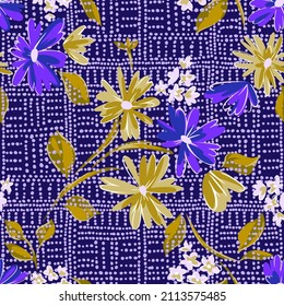 Seamless floral pattern made of scattered blooming flowers overlay on dotted checkered texture. Sketchy daisies in cartoon flat style. Abstract geometric background for surface print.
