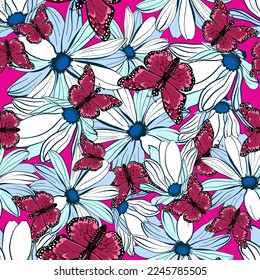 Seamless floral pattern with magenta  monarch butterflies in daisy flowers vector illustration	