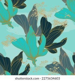 Seamless Floral Pattern. Magnolia Flowers and Leaves Background. Design Element for Greeting Cards and Wedding, Birthday and other Holiday and Invitation Cards.