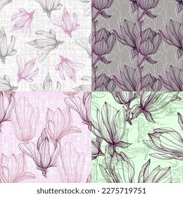 Seamless Floral Pattern. Magnolia Flowers and Leaves Background. Design Element for Greeting Cards and Wedding, Birthday and other Holiday and Invitation Cards.