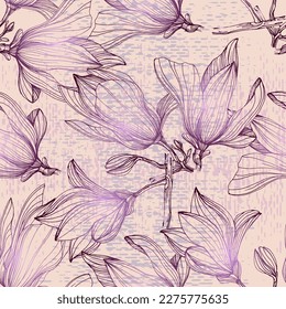 Seamless Floral Pattern. Magnolia Flowers and Leaves Background. Design Element for Greeting Cards and Wedding, Birthday and other Holiday and Invitation Cards.