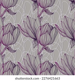 Seamless Floral Pattern. Magnolia Flowers and Leaves Background. Design Element for Greeting Cards and Wedding, Birthday and other Holiday and Invitation Cards.