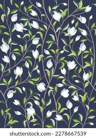 Seamless floral pattern with magnolia flowers, spring branches on dark blue background. Vector illustration