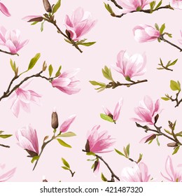 Seamless Floral Pattern. Magnolia Flowers and Leaves. Geometry Background. Exotic Vector Design. Texture. Summer and Spring. 