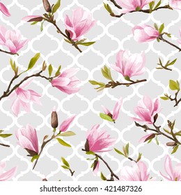 Seamless Floral Pattern. Magnolia Flowers and Leaves. Geometry Background. Exotic. Vector Design. Texture. Summer and Spring.  