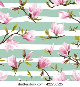 Seamless Floral Pattern. Magnolia Flowers and Leaves. Geometry Exotic Vector Design. Summer and Spring Background