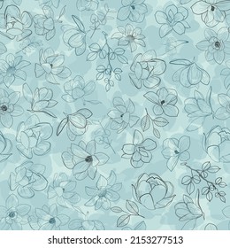 Seamless floral pattern. Magnolia on a blue background