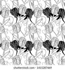 Seamless floral pattern with magnolia's flowers and tulips. Decorative illustration.