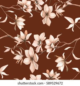 seamless floral pattern with magnolies in watercolor style