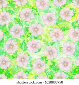 Seamless Floral Pattern, Mallow Flowers on Abstract Tile Background with Circles and Rings. Vector