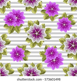Seamless floral pattern with mallows on striped background.