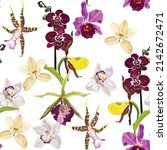Seamless floral pattern, many kind of tropical orchids on a white background. Design for wallpaper, fabric, wrapping paper, cover and more.