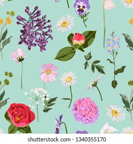Seamless floral pattern with many kind of spring flowers on vintage mint background. Botanical illustration.  Colorful.