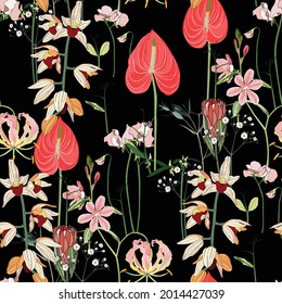 Patrón floral sin foco con muchas hierbas y flores sobre fondo blanco. Diseño de plantilla para textiles, interiores, ropa, papel pintado. Arte botánico. Fondo negro.