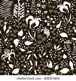 Seamless floral pattern of meadow flowers black and white