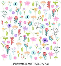 Seamless floral pattern with meadow,wild flowers.Peonies,protea, tulips,daisies,anemones,eucalyptus,berries,herbs.Endless design with elegant spring flowers for print. Repeating botanical background. 