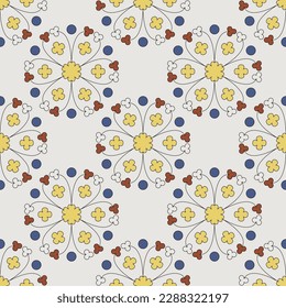 Seamless floral pattern with medieval French motifs. Round abstract geometrical botanical mandalas or bouquets. On white background.