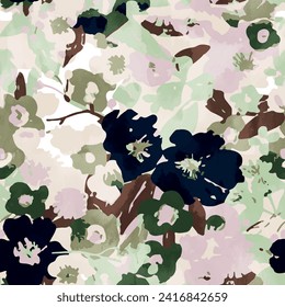 Seamless floral pattern with military camouflage background elements in brown, green, black and cream