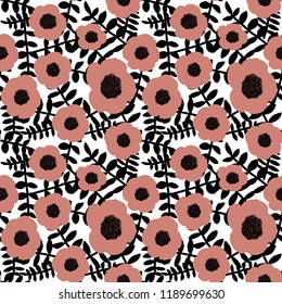 Seamless floral pattern millefleurs calico cherry pink poppy flowers black twigs leaves on white background. Editable. Fabric wallpaper tapestry quilting product surface design