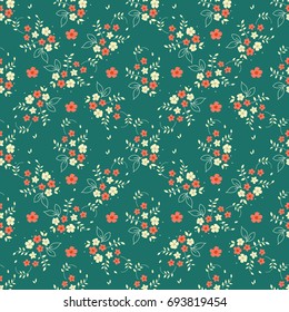 Seamless floral pattern millefleurs red white flower bouquet leaves sprigs arranged in diamond shape ornament on dark green background, fabric, tapestry, quilting