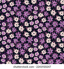 Seamless floral pattern with mini flowers on a purple field. Cute ditsy print, pretty flower design with small hand drawn flowers, tiny leaves on dark background. Vector illustration, design graphic.