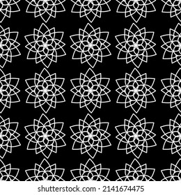 Seamless floral pattern. Minimal and geometric mandala flower elements. White outline isolated on black background.