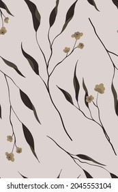 Seamless floral pattern, minimalist abstract flower print. Vintage elegant botanical design: hand drawn small wild flowers, branches, dry leaves on a light background. Vector illustration.