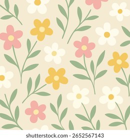 Um padrão floral sem costura com flores de cinco pétalas minimalistas em tons pastel macios de rosa, amarelo e esbranquiçado, emparelhado com folhas verdes sábias em um fundo bege quente.