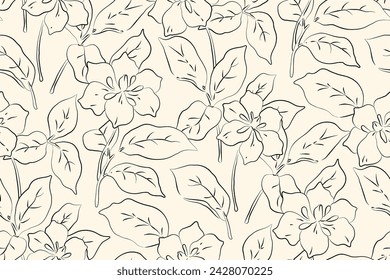 Seamless floral pattern, minimalist line art ditsy print. Elegant botanical design of linear plants: hand drawn lily flowers, large leaves in an abstract composition. Black, white vector illustration