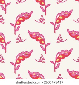 Seamless floral pattern with minimalist pink and yellow leaves and sprigs on a white background. Clean and decorative style, vector illustration.