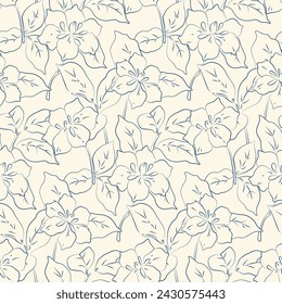 Seamless floral pattern, minimalist sketch style flower print. Simple botanical design, abstract graphic surface of hand drawn lily flowers, leaves. Elegant fashion ditsy print. Vector illustration.