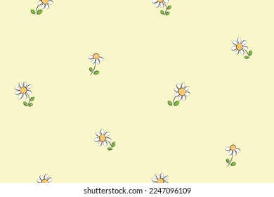 Seamless floral pattern, minimalistic flower print with simple scattered daisies on a light background. Cute spring ditsy design with tiny hand drawn flowers, small leaves. Vector illustration.