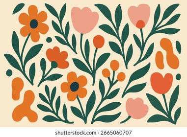 Seamless floral pattern with mixed flowers, berries and leaves in warm autumn tones on beige background