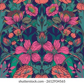 Seamless floral pattern in modern baroque style for tapestry, fabric, textile, wallpaper, packaging.