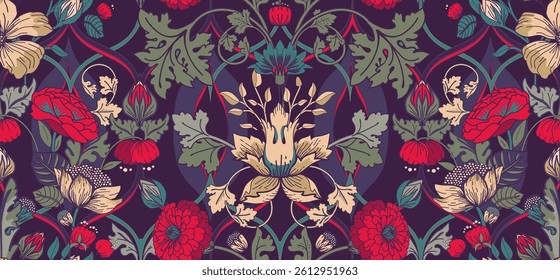Seamless floral pattern in modern baroque style for tapestry, fabric, textile, wallpaper, packaging. Flowers and leaves