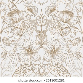 Seamless floral pattern in modern baroque style for tapestry, fabric, textile, wallpaper, packaging. Flowers and birds.