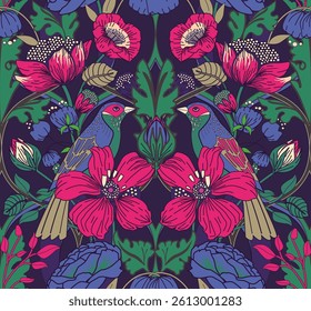 Seamless floral pattern in modern baroque style for tapestry, fabric, textile, wallpaper, packaging. Flowers and birds.