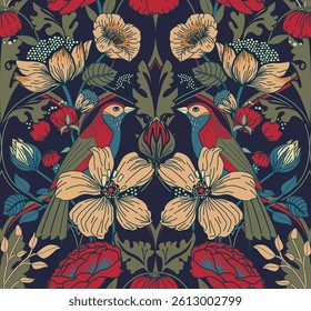 Seamless floral pattern in modern baroque style for tapestry, fabric, textile, wallpaper, packaging. Flowers and birds.
