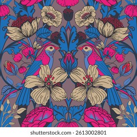 Seamless floral pattern in modern baroque style for tapestry, fabric, textile, wallpaper, packaging. Flowers and birds.