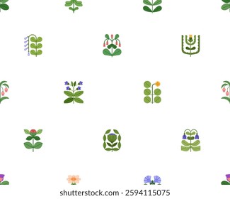 Seamless floral pattern. Modern botanical background, repeating print with flower plant branches. Endless texture design, summer blossoms for textiles, wallpaper, wrapping. Flat vector illustration