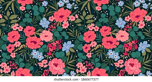 Seamless floral pattern. Modern bouquet of pink peonies and small flowers. Bright flowers on black rectangular background in trendy fashion oriental style. Stock vector for prints on surface. 