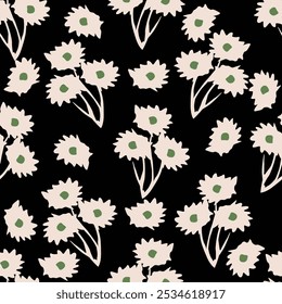 Seamless floral pattern. Modern bouquet of pink peonies and small flowers. Bright flowers on black rectangular background in trendy fashion oriental style. Stock vector for prints on surface