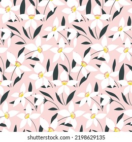 Patrón floral sin foco, impresión moderna de color marrón con flores blancas pequeñas, hojas en una superficie rosada. Diseño de fondo botánico romántico con prado de primavera de arte decorativo. Ilustración vectorial.