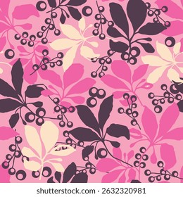 Seamless floral pattern with modern pink and purple leaves and berries. A bold and vibrant botanical design perfect for textiles, wallpapers, and fashion prints.